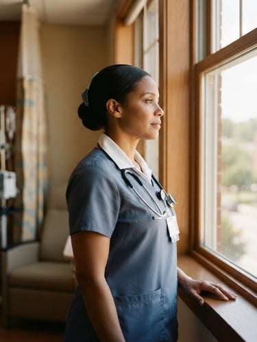 A dignified portrait of a nurse in a warm, sunlit room, looking thoughtfully out a window, soft natural light, muted slate and sand tones, 35mm.