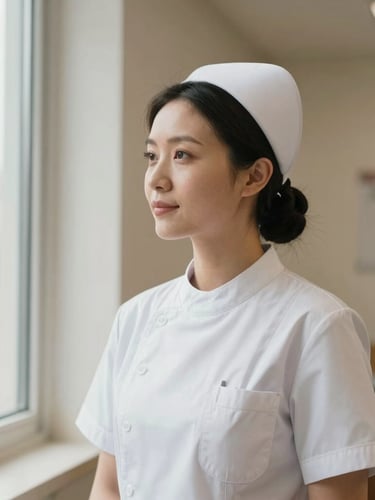 Dignified portrait of a female nurse in a non-clinical warm office setting, looking thoughtfully out a window, soft natural light, shallow depth of field, 35mm.