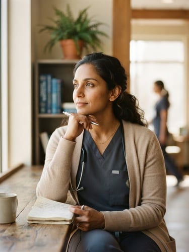 Warm editorial portrait of a healthcare professional in a relaxed, sunlit interior, looking thoughtful and composed, shallow depth of field, 35mm.