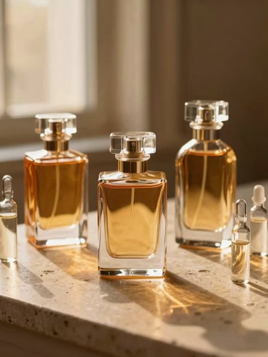 Warm editorial photography of premium glass perfume bottles alongside small glass decant vials on natural stone, soft golden-hour window light, rich amber tones, 35mm