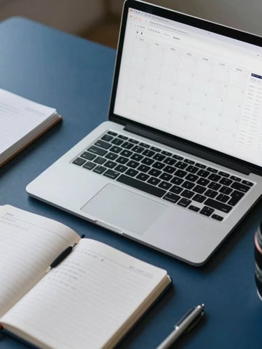 Crisp daylight flat-lay of an organized modern workspace, a sleek laptop showing a clean calendar interface, a notebook with structured notes, cool blue tones, professional aesthetic.