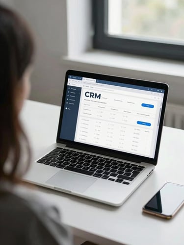 Over-the-shoulder view of a clean, modern workspace with a laptop displaying a crisp, blurred CRM dashboard, cool daylight pouring in from a side window.