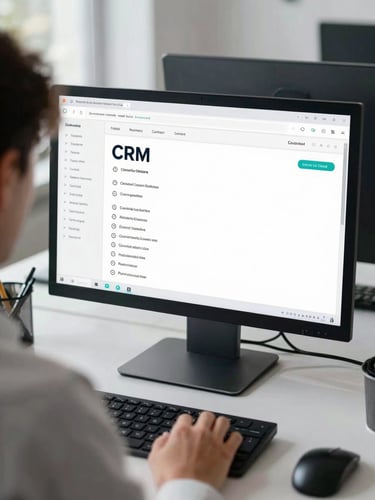 Over-the-shoulder view of a clean, modern workspace with cool neutral daylight, featuring a crisp CRM dashboard on a high-end monitor, focusing on technical precision.