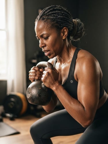 A sharp, close-up athletic portrait of a mid-career professional in a clean home gym, bright natural window light, desaturated charcoal tones with warm amber highlights, shallow depth of field