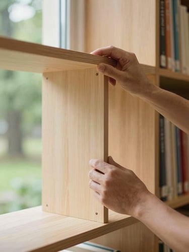 Hands of local carpenters assembling sturdy wooden bookshelves in a sunlit library room, warm natural light, shallow depth of field
