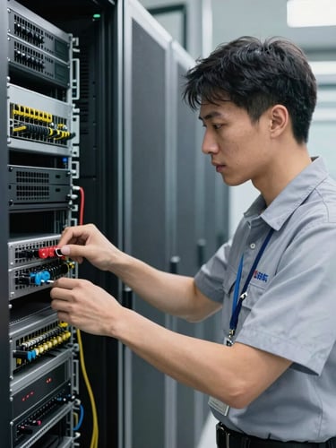 Portrait shot of a skilled technician in a clean, branded uniform, actively working on a server rack in a commercial data center. The technician is focused, with tools neatly arranged. Crisp commercial photography, bright clean lighting, industrial tech aesthetic, sharp focus, realistic colors, 35mm lens.
