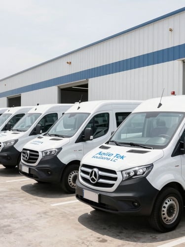 Wide shot of a fleet of branded Agile Tek Solutions LLC service vehicles parked neatly outside a commercial facility, crisp commercial photography, bright clean lighting.