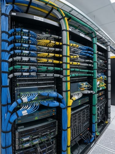 Wide panoramic shot of perfectly dressed structured cabling bundles, neatly organized and labeled within a server rack, crisp commercial lighting.
