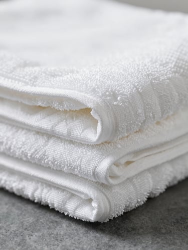 Macro shot of stacked white cotton towels showing clean folded edges, bright diffused overcast daylight, neutral white and slate tones