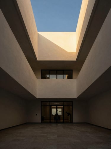 Symmetrical architectural shot of a minimalist modern office atrium in South Florida, warm golden hour light, clean geometric lines, quiet luxury.
