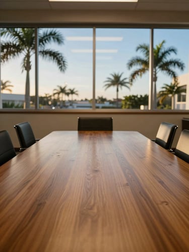 Quiet, empty professional boardroom with a solid oak table, soft light filtering through large windows showing Florida palms outside, minimal clean composition
