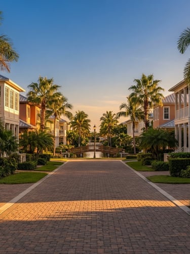Symmetrical warm architectural photography of a sun-drenched Florida residential community with native palms, golden-hour sunlight, clean geometric lines, 35mm lens