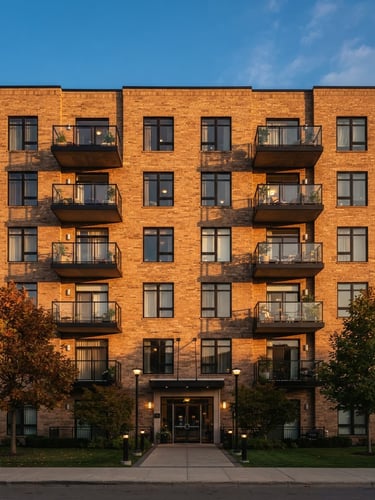 Symmetrical warm architectural photography of a modern residential brick building facade, golden-hour sunlight casting soft shadows, clean lines, 35mm lens