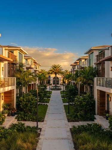 Warm architectural photography of a modern, sun-drenched residential community in Florida, golden-hour sunlight, clean symmetrical composition, 35mm lens