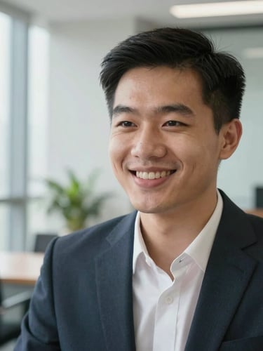 A close-up shot of a young Vietnamese man in professional attire during an online interview, smiling confidently, bright daylight from a side window, clean modern office background.