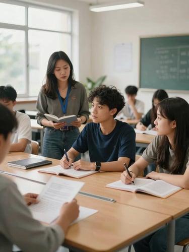 Real Vietnamese students in a bright, modern language classroom, practicing communicative German and English with native teachers under natural daylight.