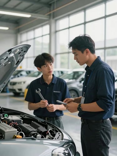 Wide environmental shot of a Vietnamese student in a clean, modern German automotive workshop, holding a wrench and discussing with a German instructor, natural daylight streaming through high windows, focused professional expressions.