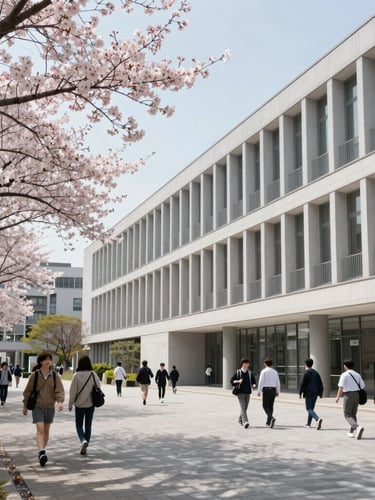 Wide-angle bright daylight shot of a modern university campus in Tokyo, cherry blossoms framing the left side, students walking naturally in the background, clean architectural lines.