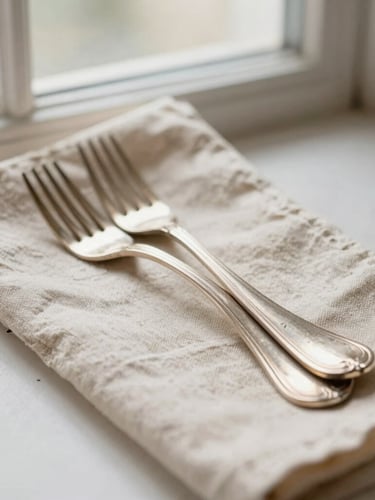Warm editorial photography of tarnished silver-plated forks stacked on a rustic cream-colored linen cloth, soft natural window light, shallow depth of field, 35mm.