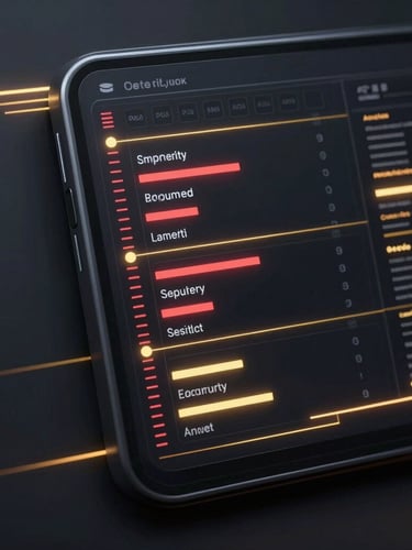 Sleek dark-mode digital interface showing real-time security logs, elegant golden light streaks, clean metallic textures, cinematic lighting, 3d render