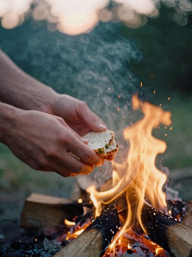 A close-up of hands preparing fresh food over a warm, crackling campfire, soft twilight forest background, analog film texture, shallow depth of field
