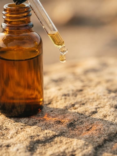 Macro close-up of a heavy glass dropper bottle casting soft shadows on textured sand stone, a single golden oil droplet suspended, warm golden-hour window light