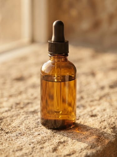 Macro close-up of a heavy glass dropper bottle casting soft shadows on a textured sand-colored stone surface, warm golden-hour window light, shallow depth of field