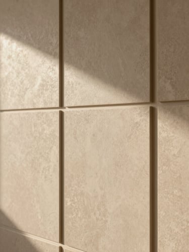 Detail shot of premium textured architectural wall panel, soft shadows, warm beige and sand tones, elegant minimalist composition, high-end editorial photography, 35mm