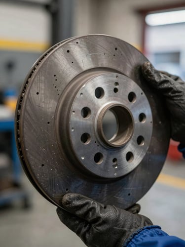 Close-up of a worn brake disk held vertically in a technician's gloved hands against a shop floor background, scoring marks visible on the rotor surface, natural ambient light