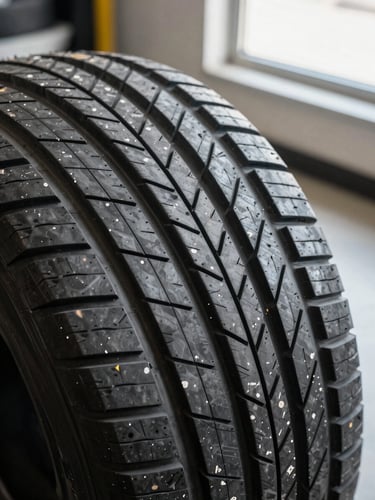 Extreme close-up angled shot of a new Michelin tire tread on a shop floor, deep grooves visible in sharp focus, bright daylight from a north-facing window, no people