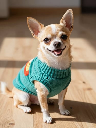 A happy small chihuahua dog wearing a colorful handmade teal sweater, sitting comfortably on a sunny wooden floor, bright natural daylight, shallow depth of field.