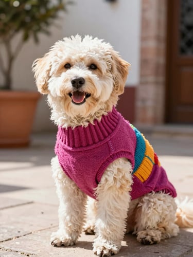 Bright natural light photography of a happy fluffy dog wearing a colorful hand-stitched magenta sweater, sitting in a sunny patio in Celaya, shallow depth of field, sharp focus on the garment, 35mm lens.