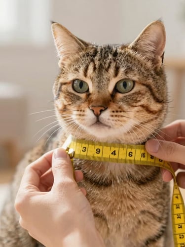 Close-up of gentle hands holding a soft yellow measuring tape around the chest of a calm tabby cat, bright warm natural light, shallow depth of field, 35mm lens