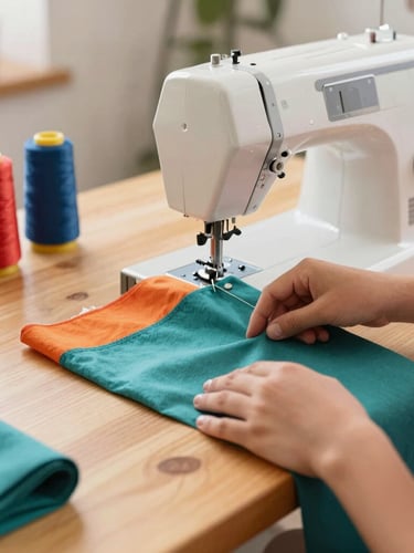 Warm natural light photo of a family workshop in Celaya, with hands carefully cutting colorful teal fabric on a clean wooden table, sewing machine and threads in the background, shallow depth of field.