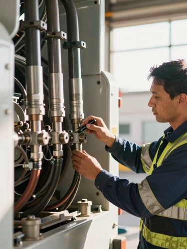 A certified mechanic in high-visibility gear inspecting hydraulic lines on a heavy machine in a bright workshop, crisp details, 35mm lens