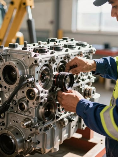 Close-up of a certified mechanic in clean, high-visibility gear working on a heavy machinery engine block, crisp workshop environment, bright natural light, 35mm lens