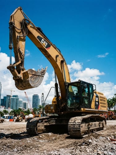 Low-angle heroic shot of a heavy excavator in the Miami yard under bright Florida sunlight, high-contrast shadows, sharp industrial details, 35mm lens