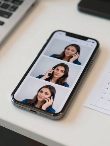 Close-up of a phone screen on a reception desk showing three simultaneous incoming calls, a calendar appointment grid partially visible in the background, clean clinical desk surface with a keyboard, bright overhead lighting, shallow depth of field on the phone screen