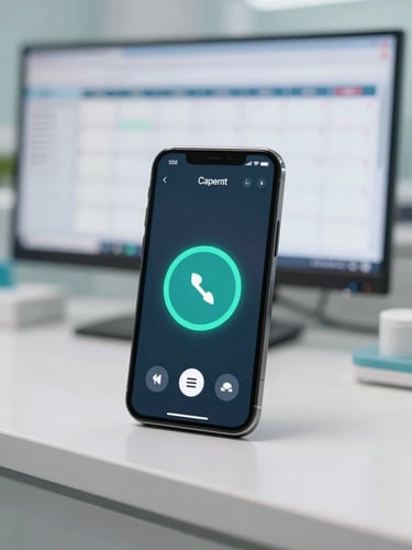 Close-up of a smartphone screen displaying an active call interface with a teal accent ring, placed on a clean dental reception desk, bright clinical lighting, appointment calendar visible on a monitor softly blurred in background