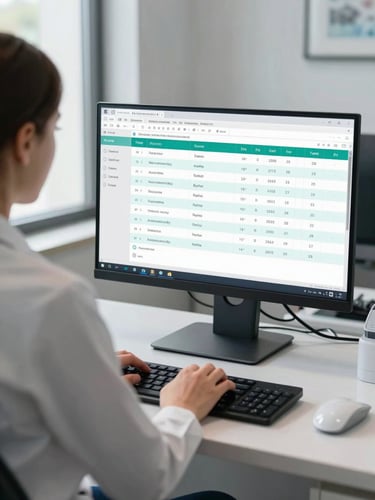 Medium shot of a dental office manager at a desktop computer, appointment scheduling software on screen with provider columns and time slots, teal highlights on the interface, bright natural light from a window to the left, clean modern office environment