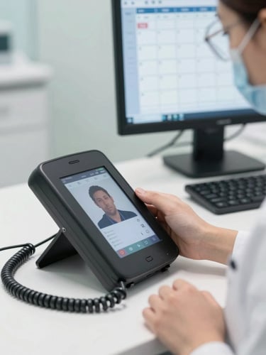 Close-up of a dental receptionist's desk, a phone screen showing an active call being answered, appointment calendar visible on monitor in background, bright clean clinical lighting, slightly overexposed, real clinic environment