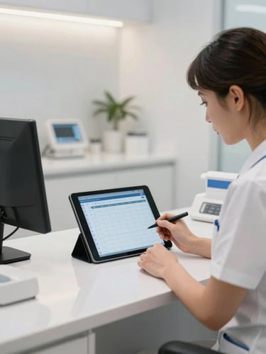 Bright dental reception desk viewed at mid-distance, a staff member glancing at a tablet showing an appointment calendar filling in, clean clinical overhead lighting, organized counter in foreground