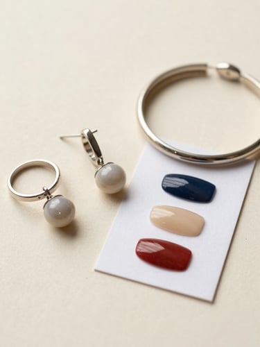 Flat-lay composition on a warm cream ground, close-up: a cluster of finished artificial jewelry pieces — a statement ring, paired earrings, a slim bracelet — arranged beside three isolated nail art designs displayed on a white swatch card. Soft diffused studio daylight, no shadows, materials and pigment colors rendered with clarity. Macro framing reveals surface detail and finish. No hands, no faces, no backgrounds beyond the neutral ground.