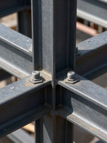 Macro close-up of structural steel joints bolted together on an active construction site, hard high-contrast daylight with deep slate shadows.