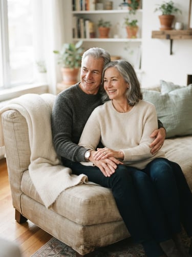 A mature couple sitting close on a warm beige sofa, soft natural window light, gentle touch of hands, shallow depth of field, warm editorial photography