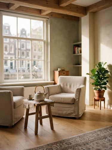 A warm, sunlit empty consultation room in Amsterdam with soft beige linen chairs, a small wooden table with a ceramic teapot, a green plant in the corner, soft natural window light, shallow depth of field, 35mm