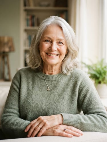A warm, soft-lit portrait of a wise 67-year-old woman with gentle eyes and gray hair, smiling softly, natural window light, elegant cream background, 35mm