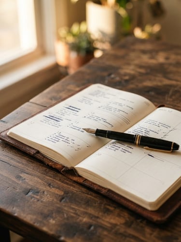 Close-up of an open paper planner with a classic fountain pen on a dark wooden table, soft morning light filtering through a window, warm tones