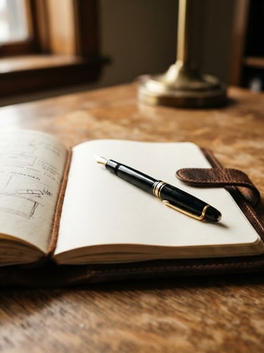 Soft daylight close-up of a structured leather notebook and an elegant fountain pen on a clean wooden table in a municipal office, high-contrast, warm editorial photography