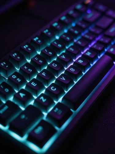 A macro shot of a mechanical keyboard in low light, glowing electric cyan and deep purple LED backlights, shallow depth of field, dark-mode UI photography